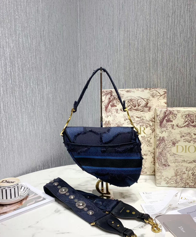 Christian Dior Multicolor Striped Embroidery Saddle Canvas Bag Dark Blue